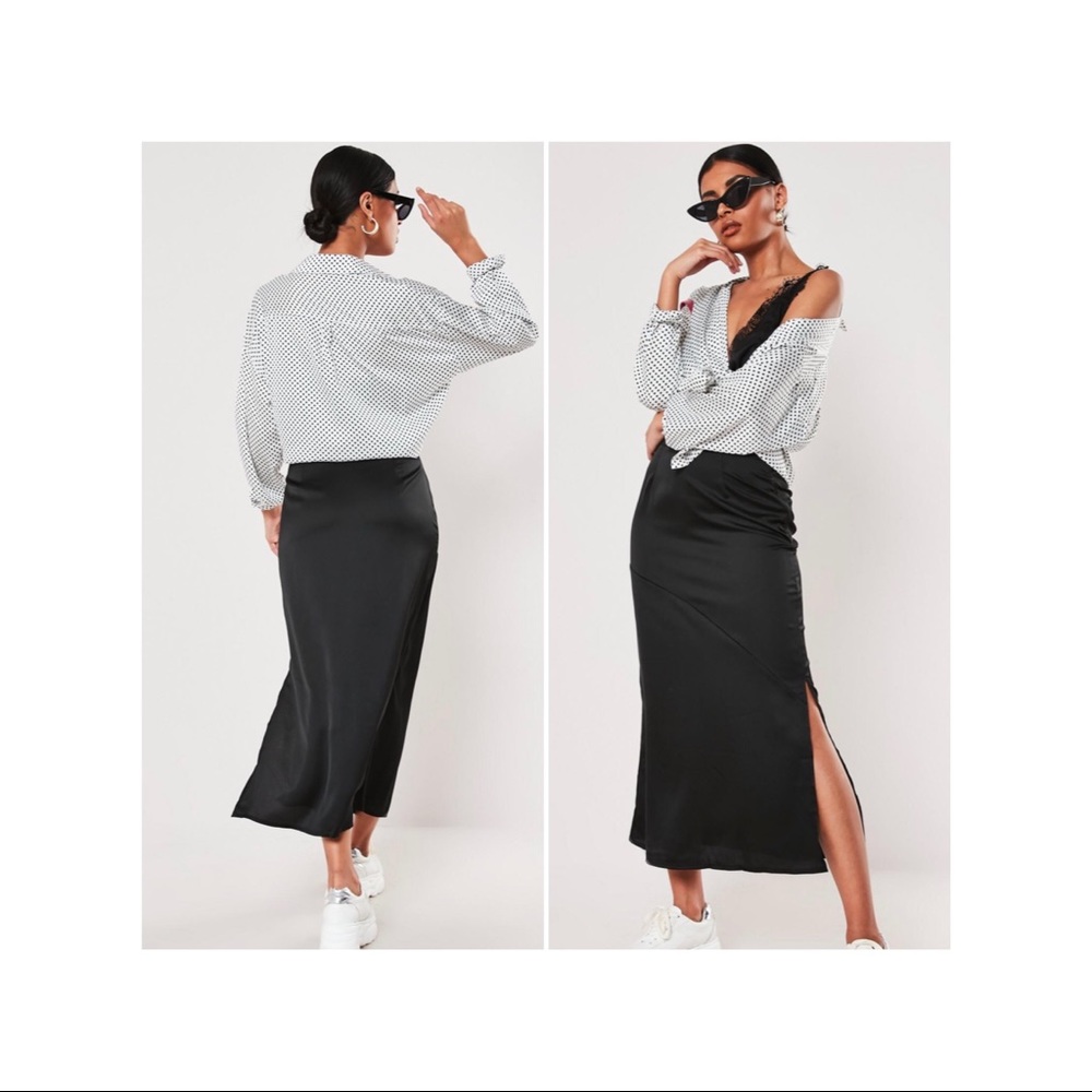 Black Satin Bias Cut Midi Slip Skirt